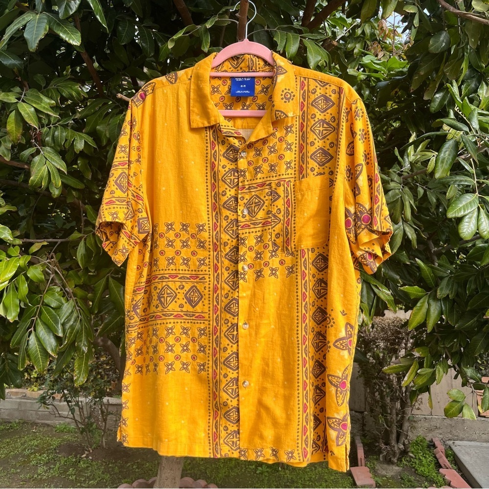 WITHOUT WALLS yellow linen viscose blend bandana‎ dot tribal button up shirt